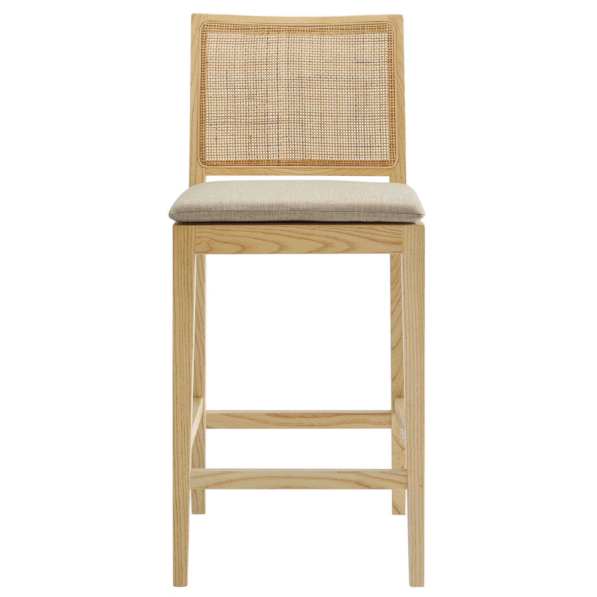 Natural wood counter stool with caned back, beige padded seat, square legs & stretcher.