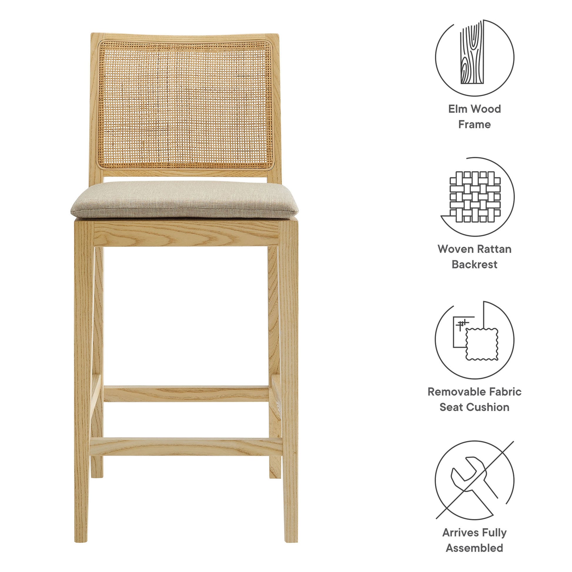 Natural elm wood counter stool with woven rattan back and beige removable fabric cushion.
