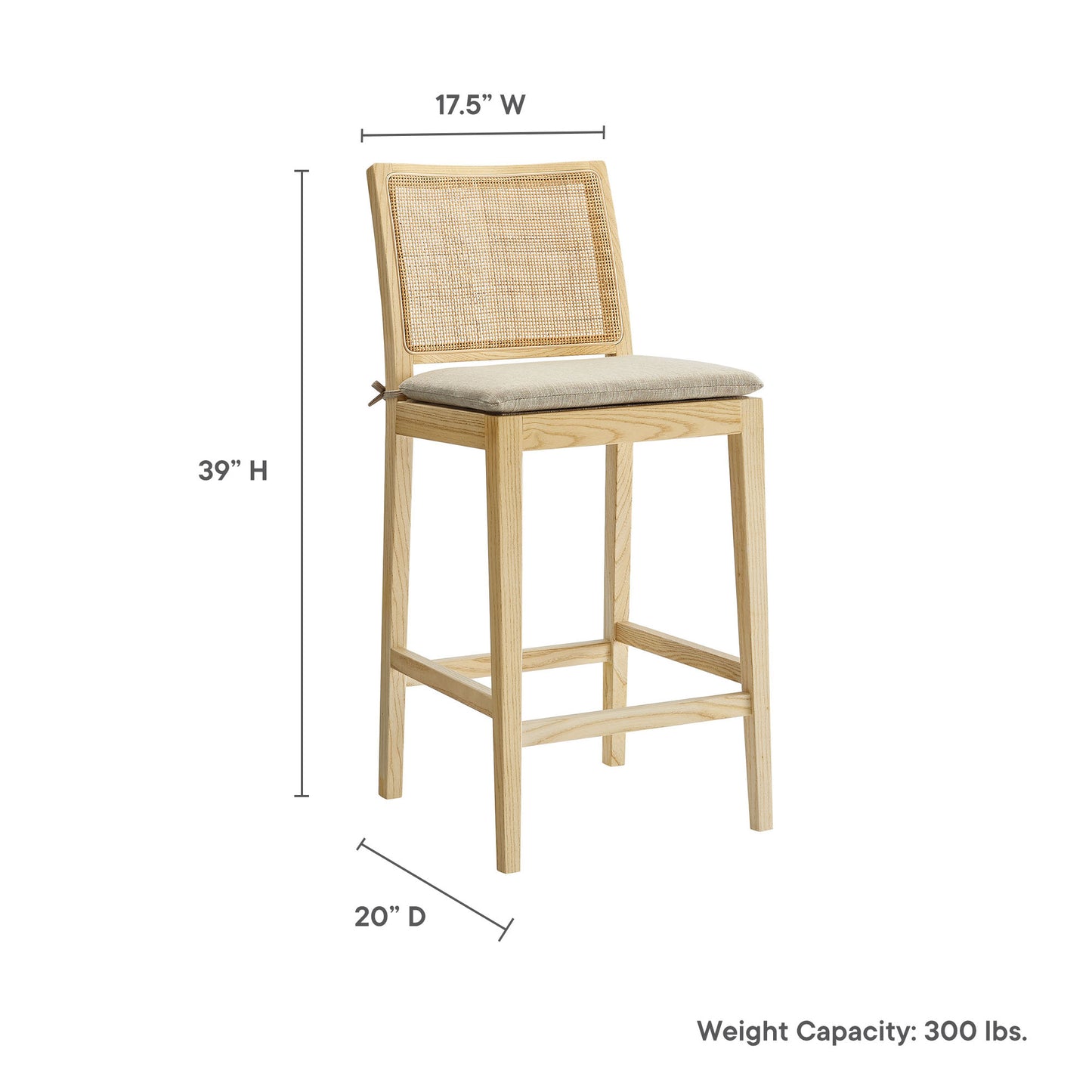 Natural beech wood counter stool with woven cane back and cushioned seat; 39H, 17.5W, 20D; 300 lbs cap.