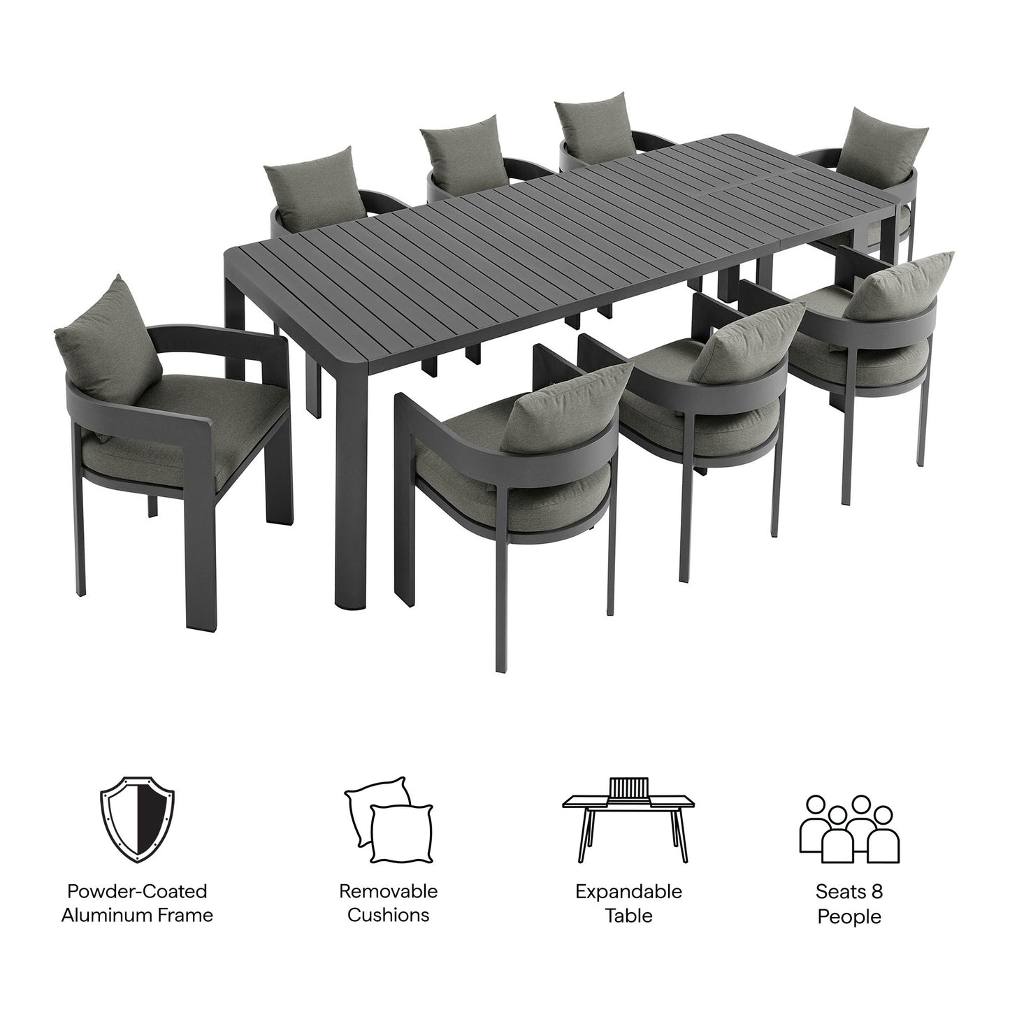 Modway - Tahoe 9-Piece Outdoor Patio Aluminum Dining Set With Extendable Table by Modway  Outdoor Furniture Bar and Dining Gray - EEI-7295-GRY-CHA