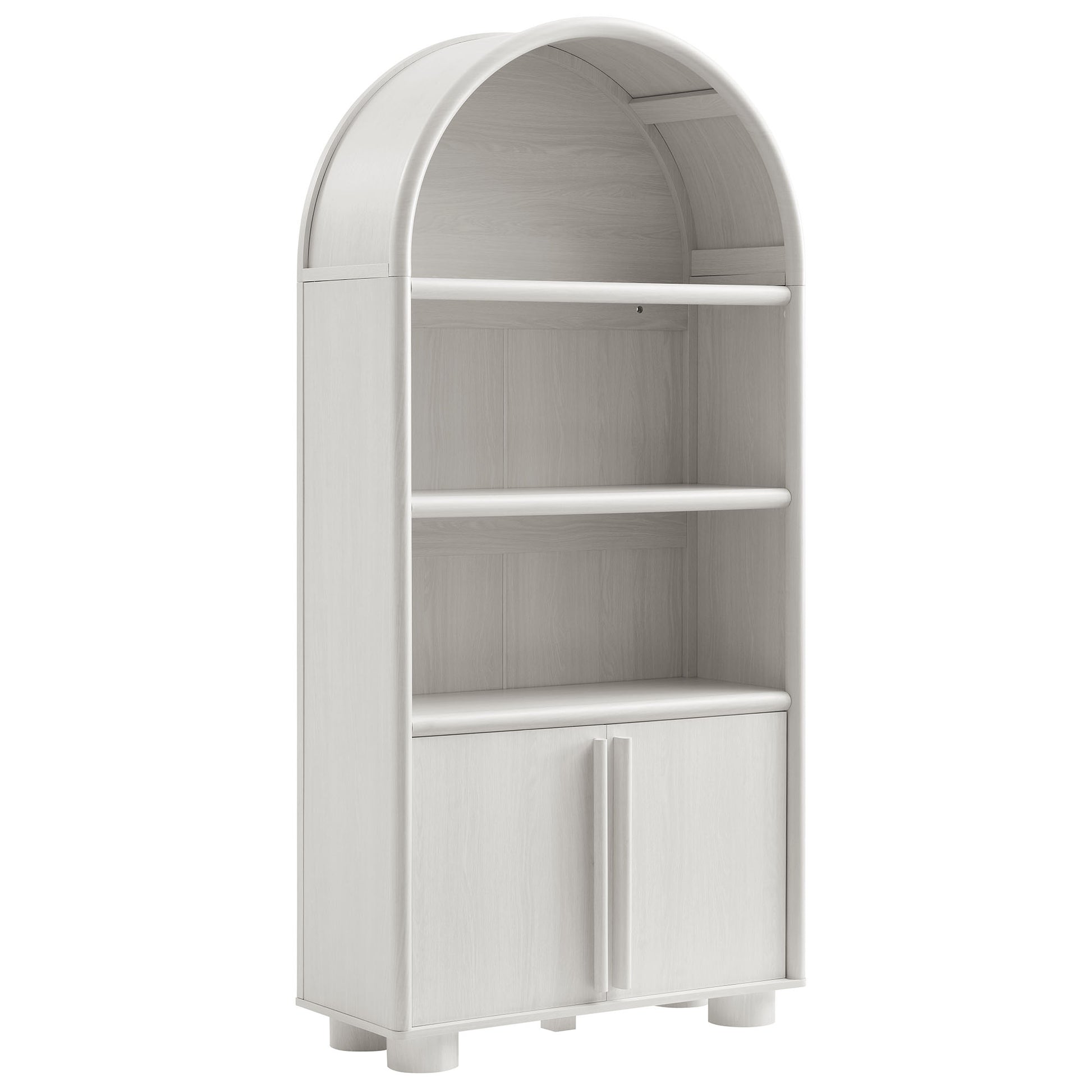 Gray arched-top display cabinet bookcase with two open shelves and a bottom two-door cabinet.