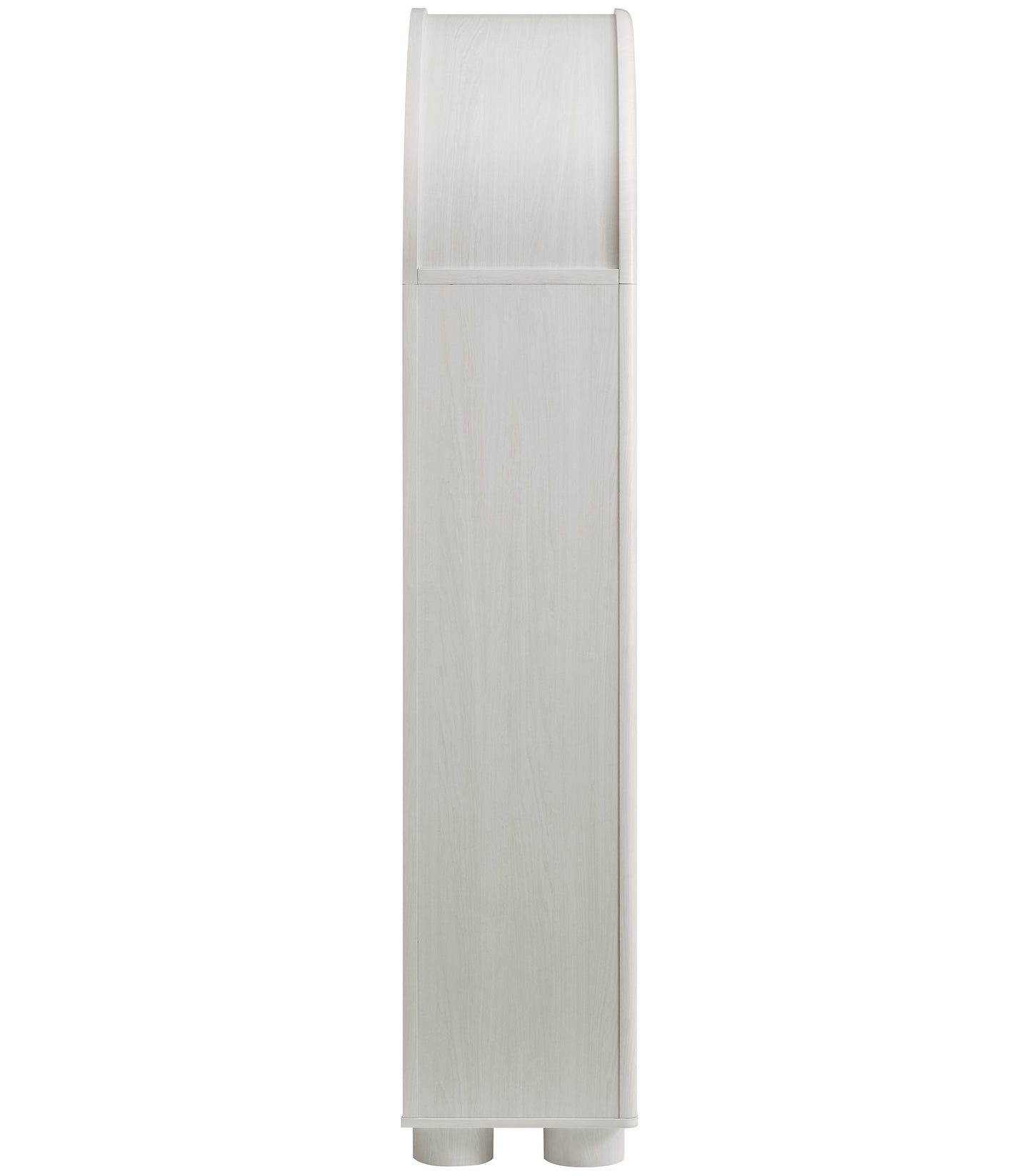 Tall narrow ash-gray arched display cabinet/bookcase with curved top door and tall bottom door, modern storage.