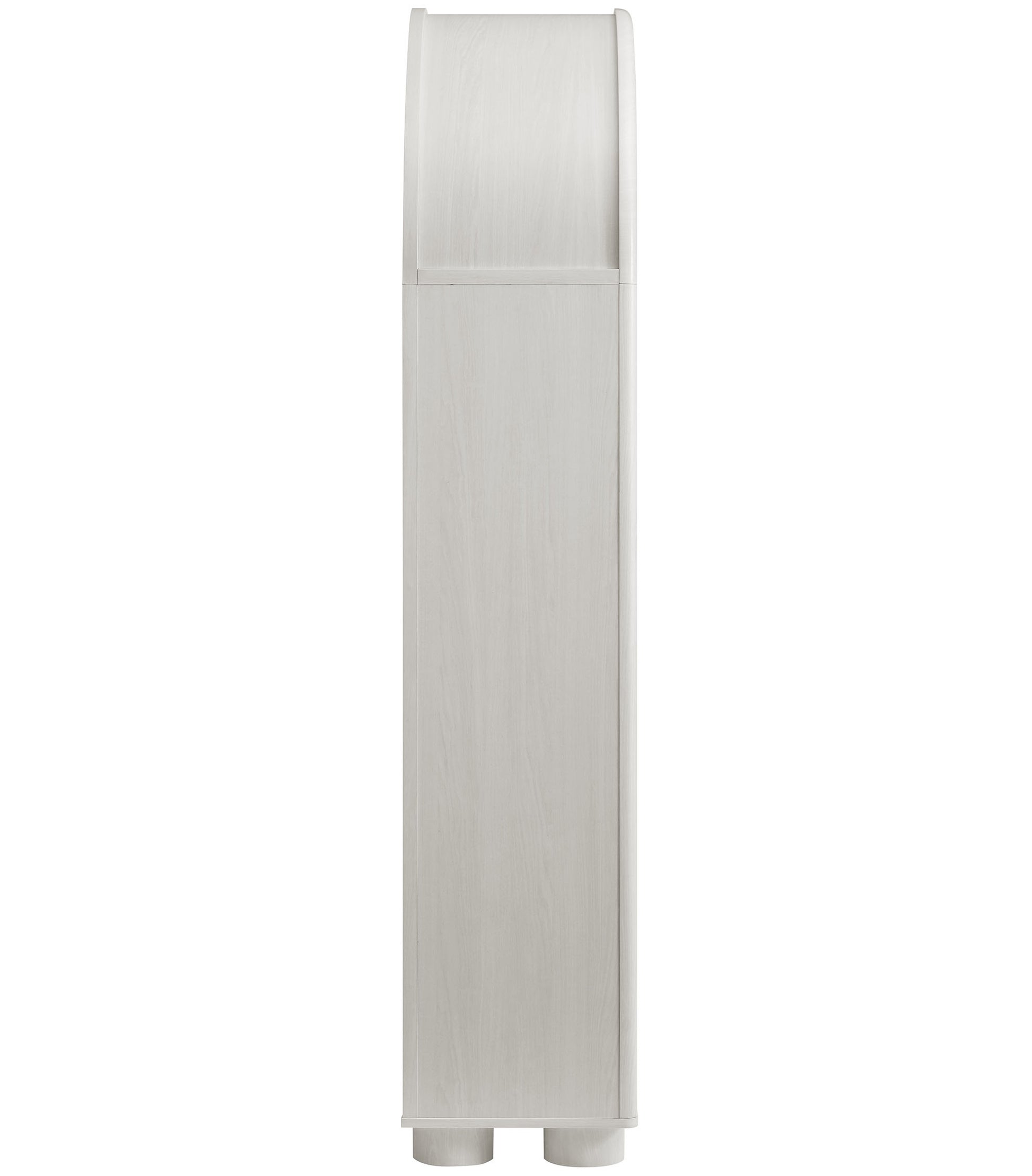 Tall narrow ash-gray arched display cabinet/bookcase with curved top door and tall bottom door, modern storage.
