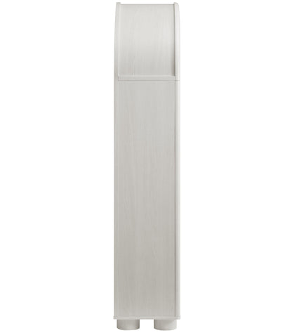 Tall narrow ash-gray arched display cabinet/bookcase with curved top door and tall bottom door, modern storage.