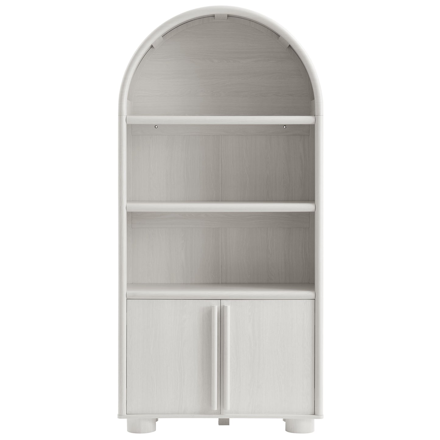 Gray arched bookcase with three open shelves and a lower two-door cabinet, modern cottage style.