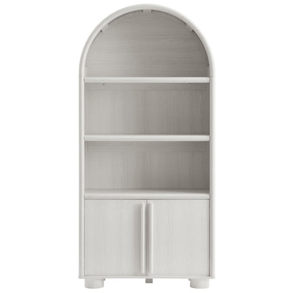 Gray arched bookcase with three open shelves and a lower two-door cabinet, modern cottage style.
