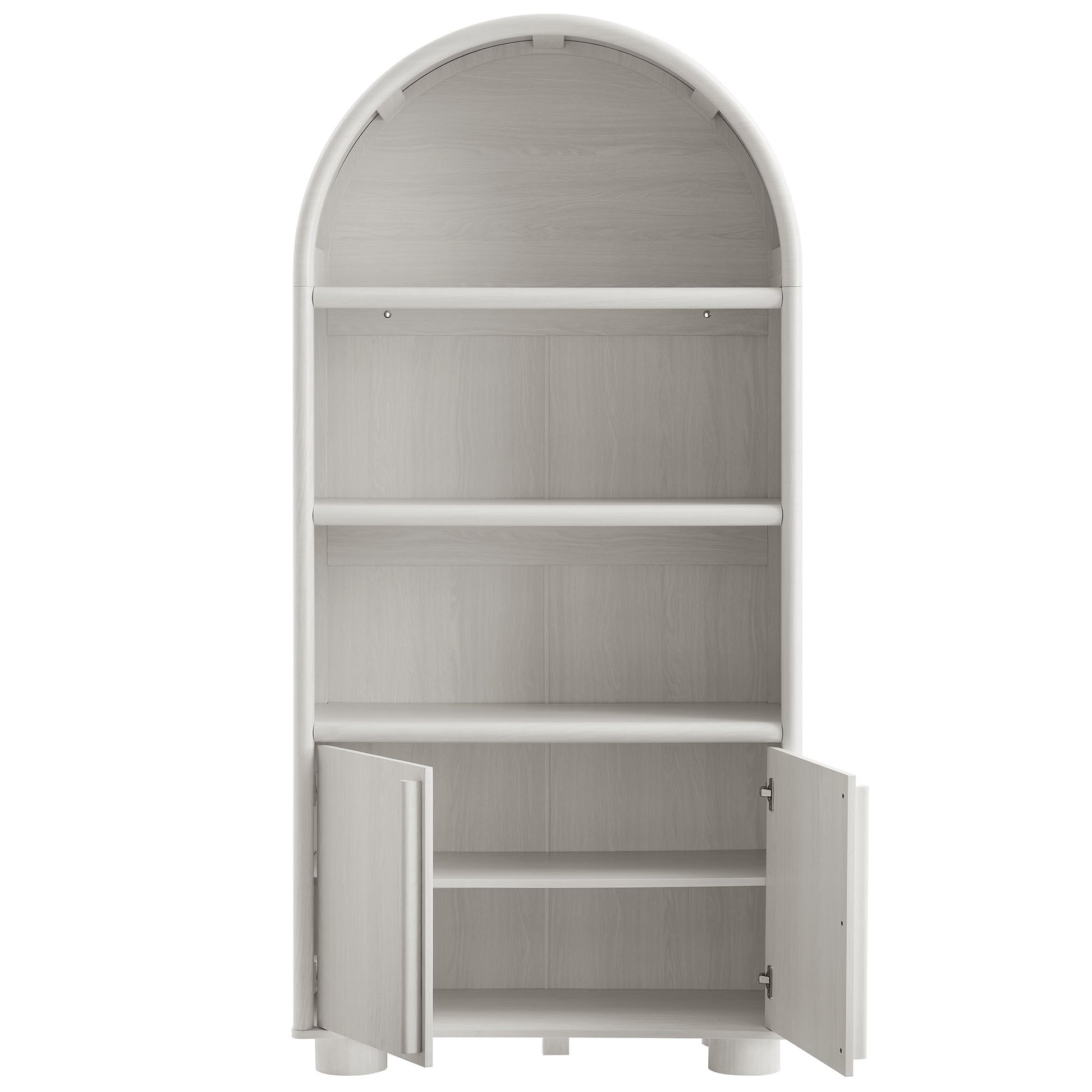 Gray arched-top display cabinet bookcase with three open shelves above and two lower doors for enclosed storage.