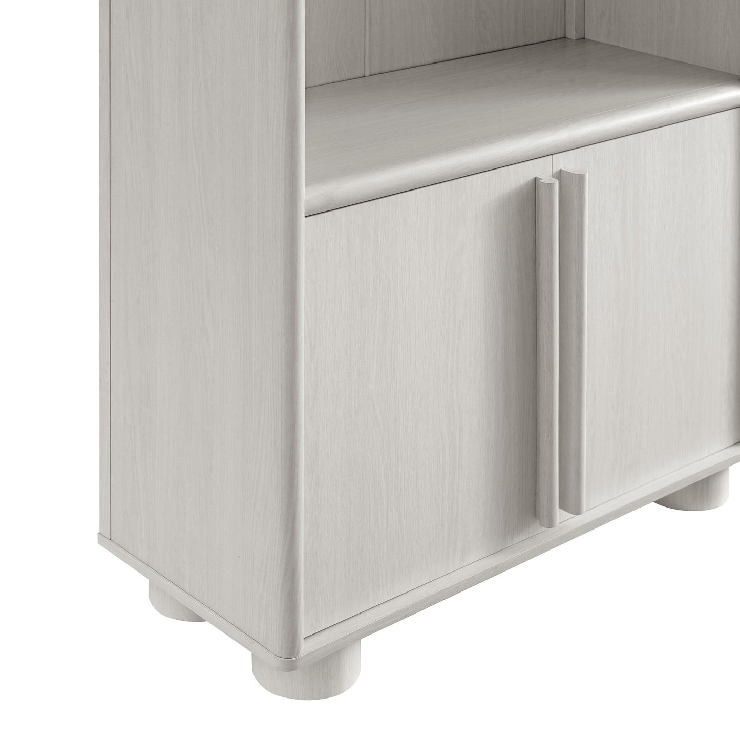 Gray tall arched display cabinet bookcase with an open upper shelf above doors, tall vertical handles, and rounded feet.