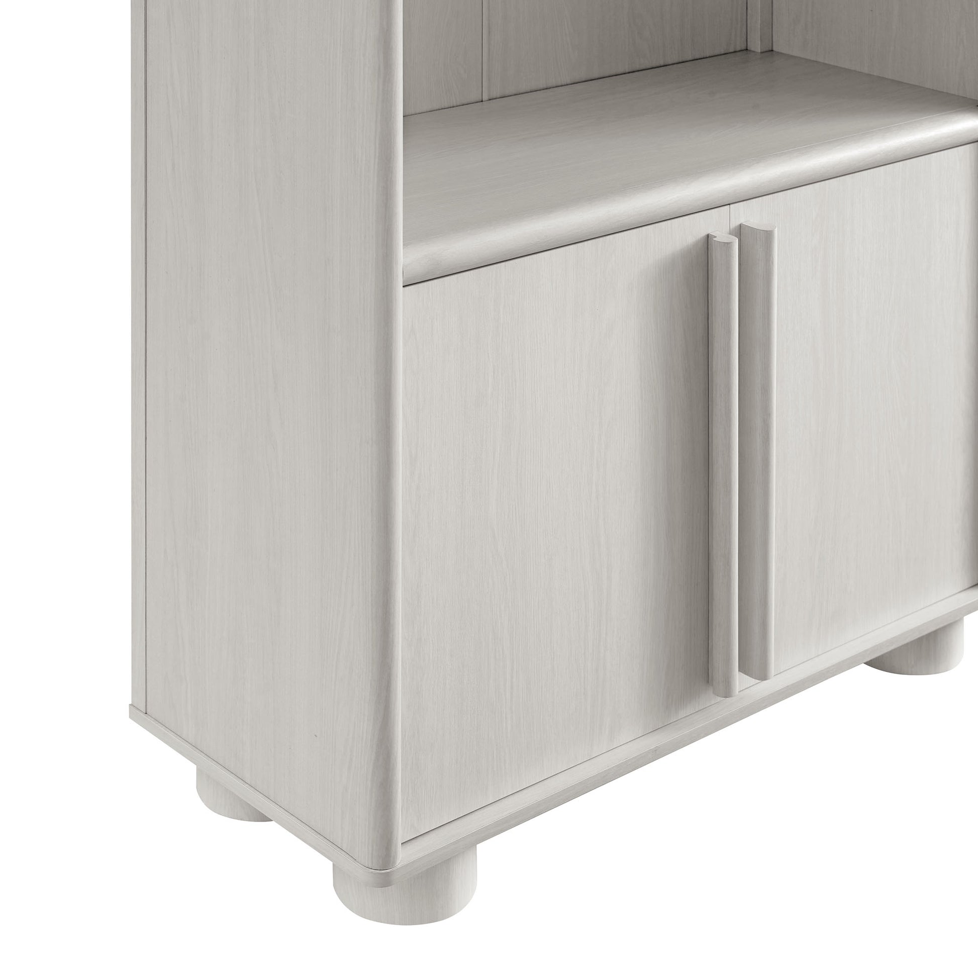 Gray tall arched display cabinet bookcase with an open upper shelf above doors, tall vertical handles, and rounded feet.
