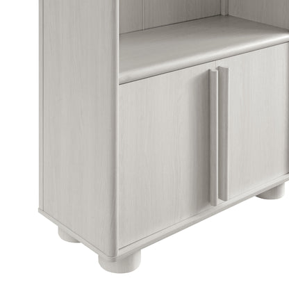 Gray tall arched display cabinet bookcase with an open upper shelf above doors, tall vertical handles, and rounded feet.
