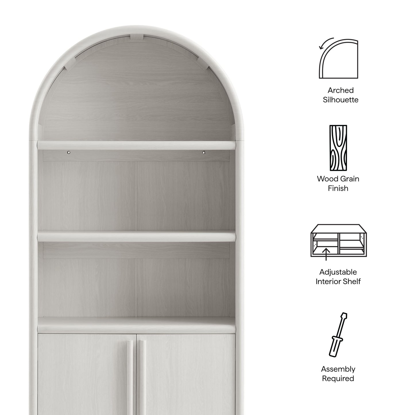 Arched cabinet in ash wood grain finish with two interior shelves and bottom double doors.