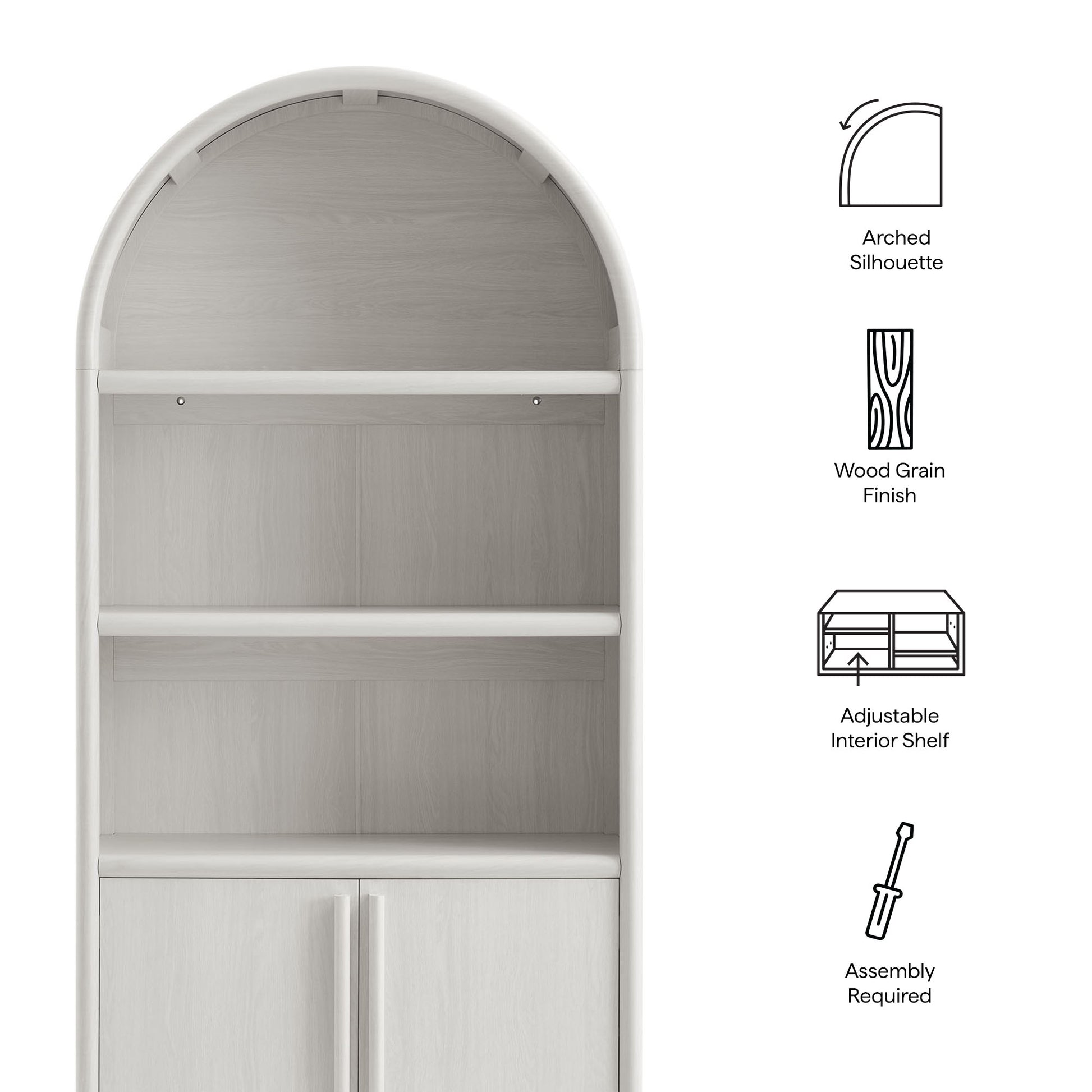 Arched cabinet in ash wood grain finish with two interior shelves and bottom double doors.