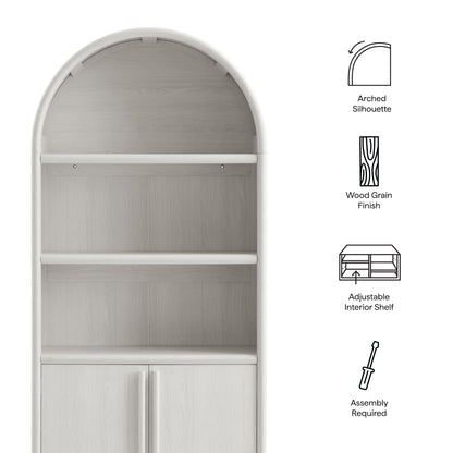 Arched cabinet in ash wood grain finish with two interior shelves and bottom double doors.