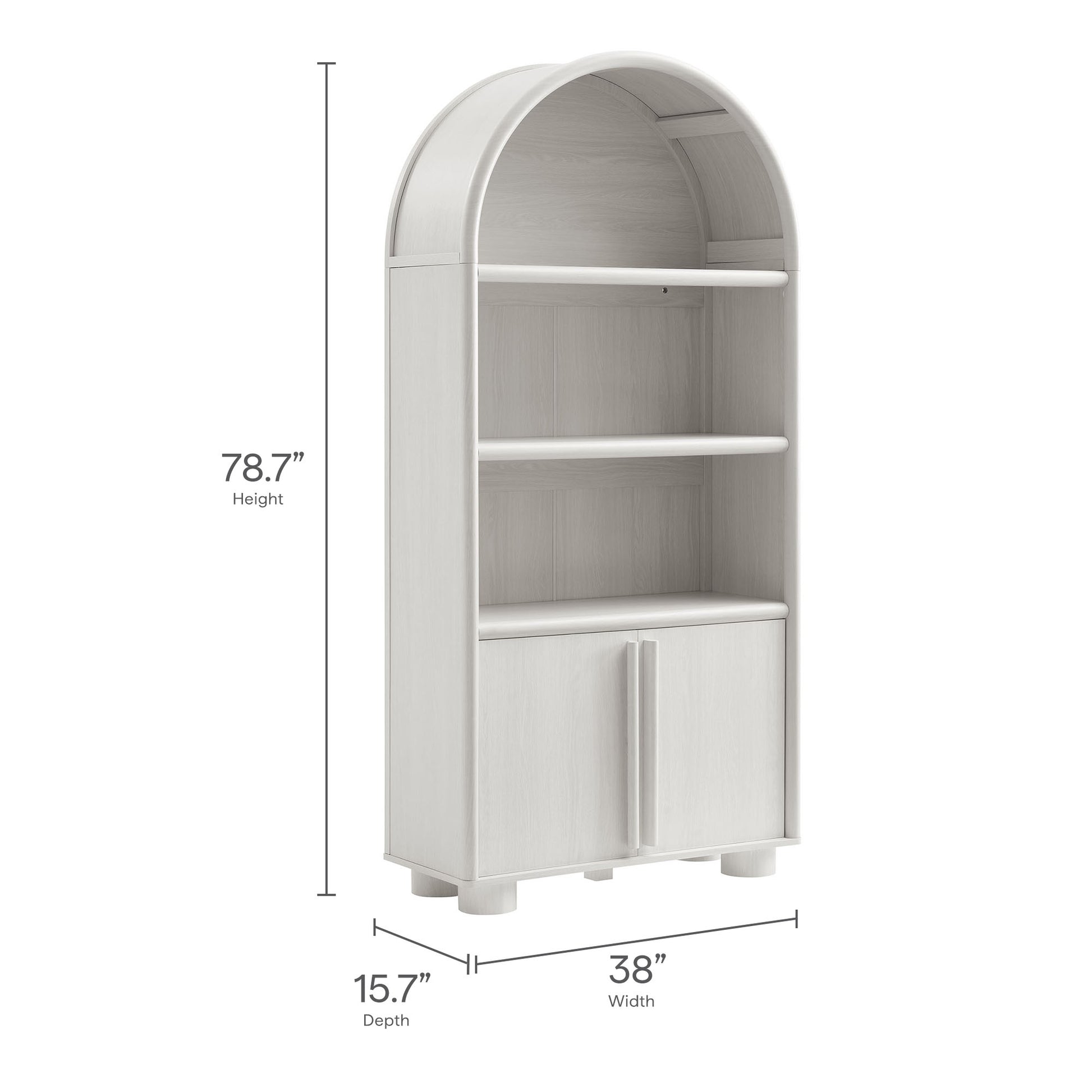Gray tall arched display cabinet bookcase with two shelves and a two-door base.
