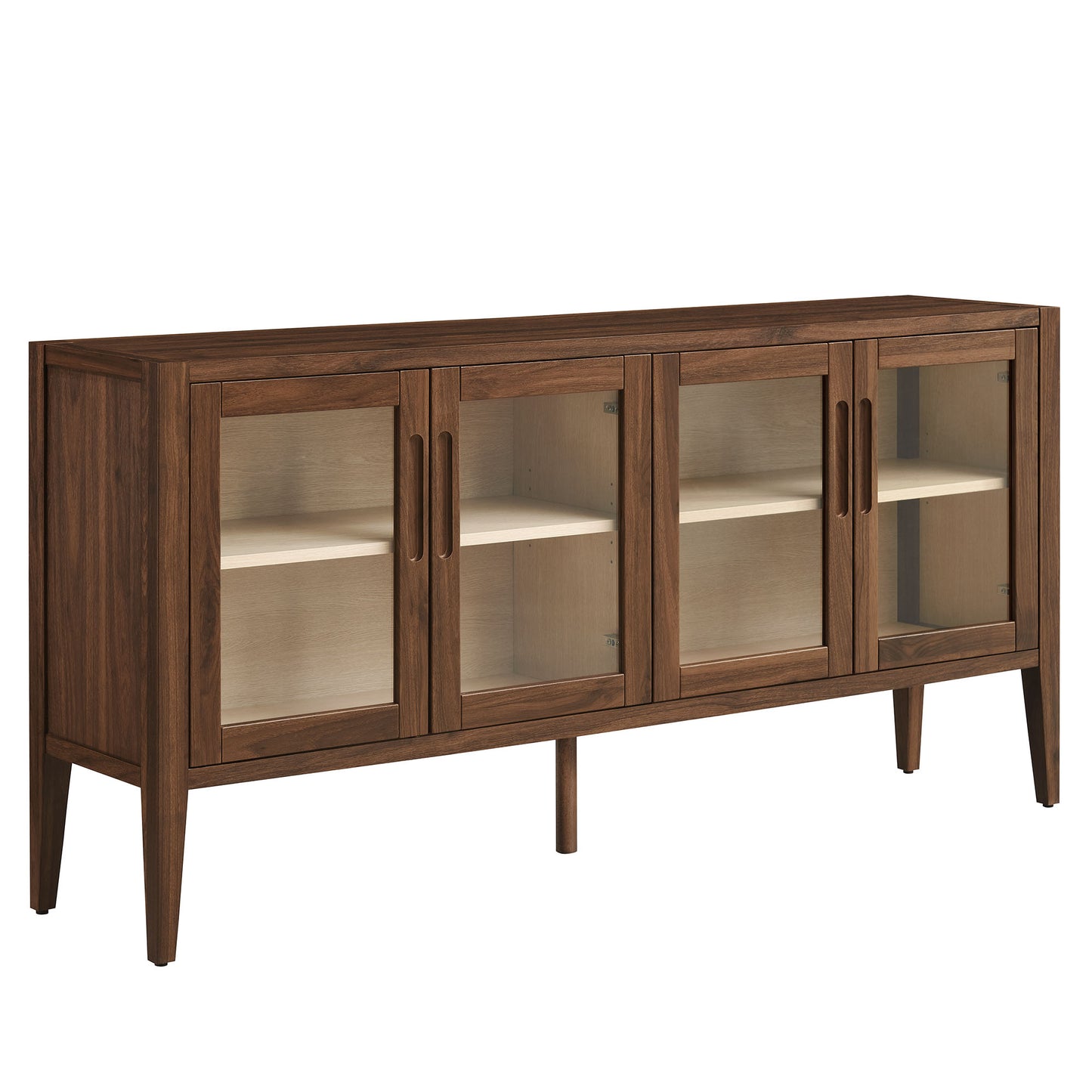 Walnut-ash finish sideboard with four glass-front doors, light interior shelves and tapered legs.