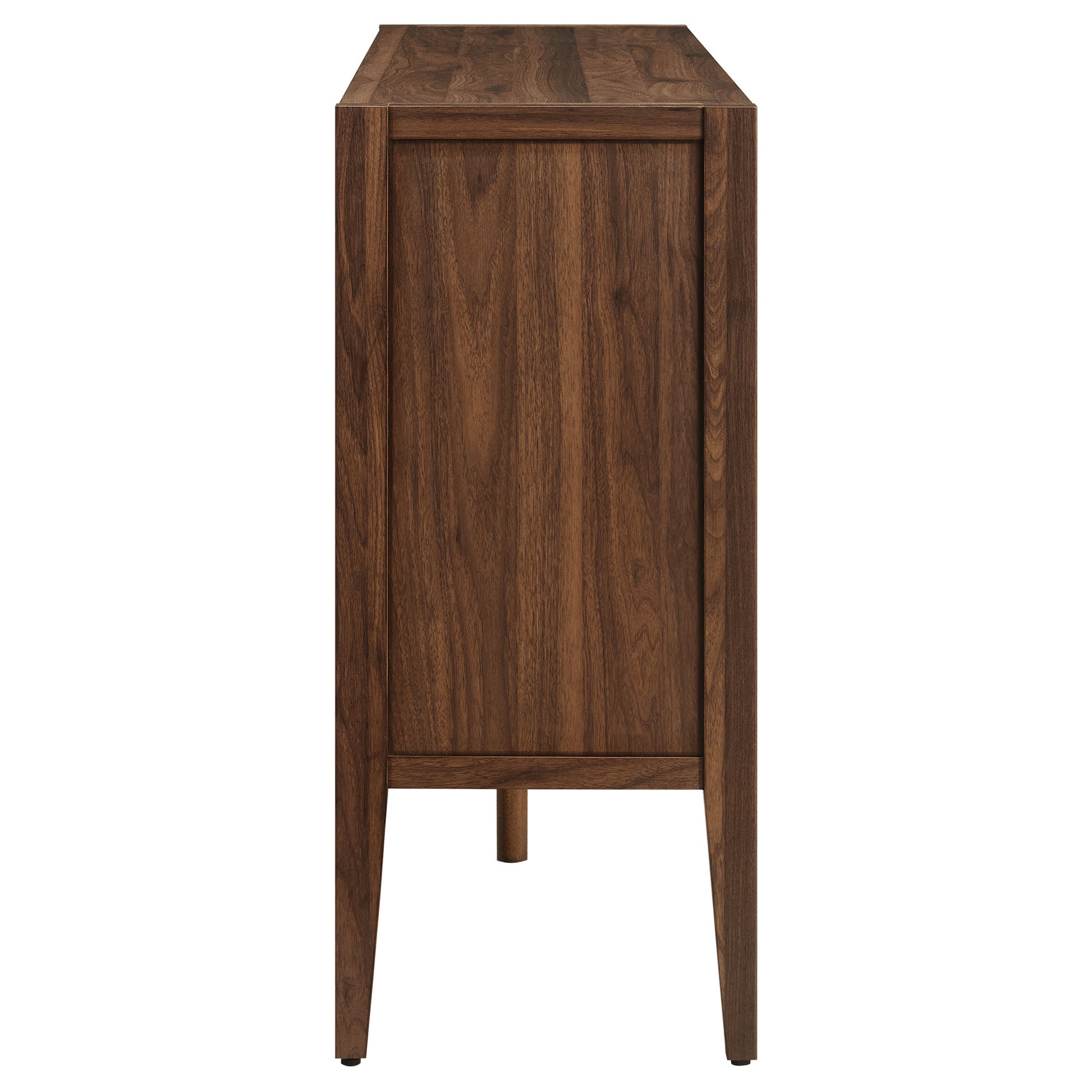 Walnut-ash finish 72" glass-door sideboard storage/display cabinet with tapered legs, mid-century style.