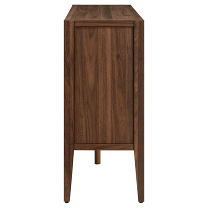 Walnut-ash finish 72" glass-door sideboard storage/display cabinet with tapered legs, mid-century style.
