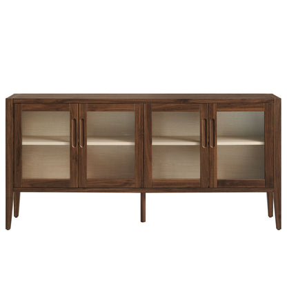 Walnut mid-century modern sideboard with four glass-front doors, light interior shelves, and tapered legs.