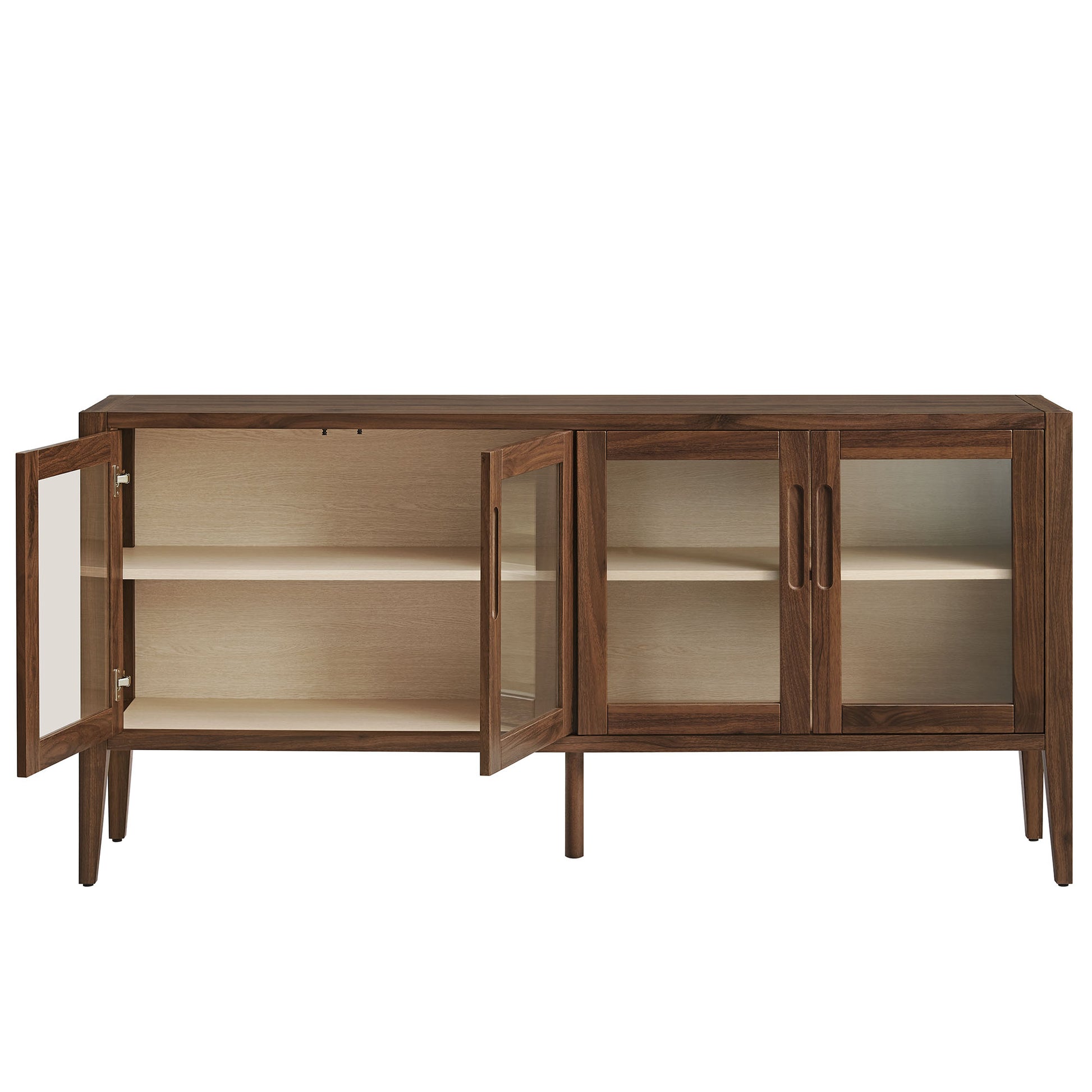 Walnut sideboard with ash interior, left cabinet open with shelves, right glass doors, mid-century modern.