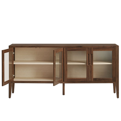 Walnut sideboard with ash interior, left cabinet open with shelves, right glass doors, mid-century modern.