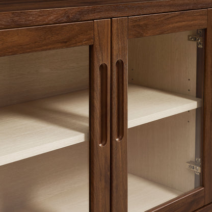 Walnut wood cabinet with glass doors, vertical pull handles, light ash interior shelves.