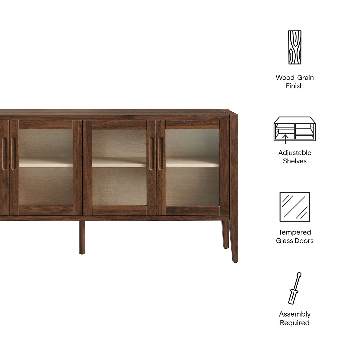 Mid-century walnut-ash wood sideboard with three tempered-glass doors, adjustable shelves; assembly required.