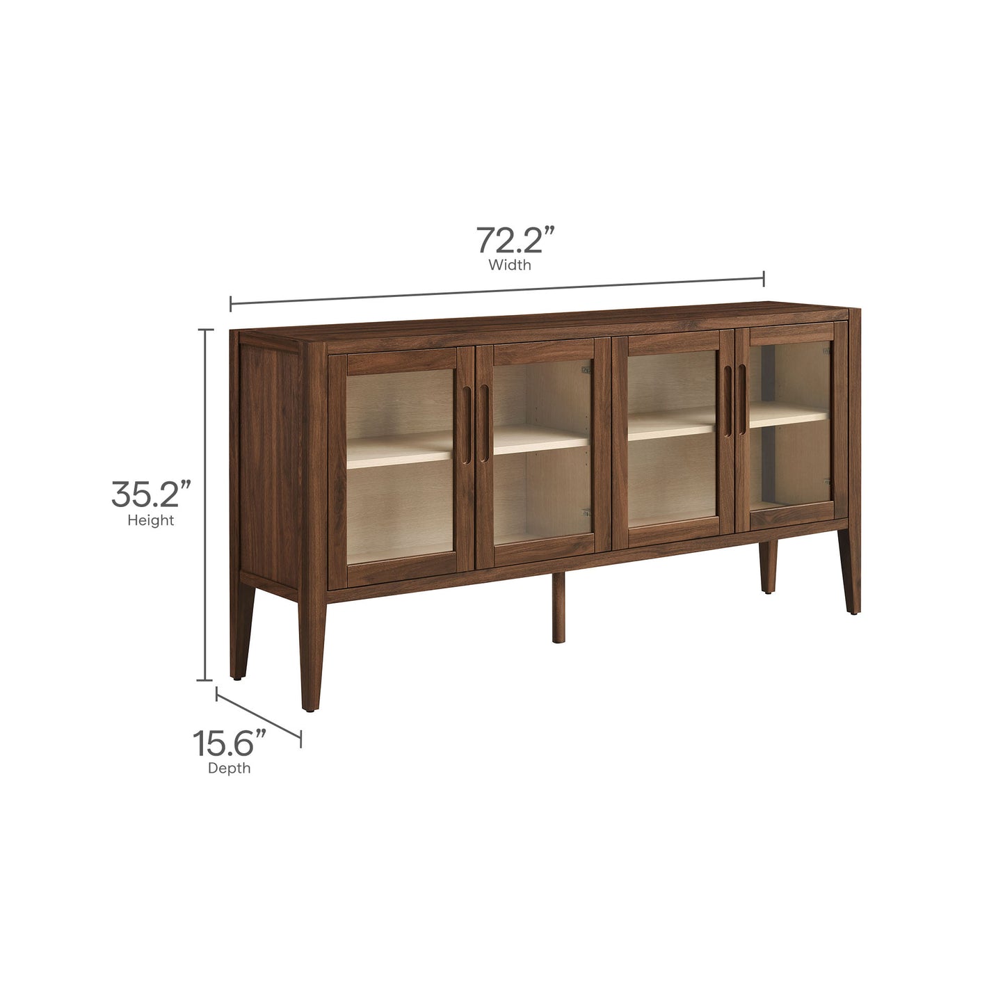 Walnut-ash finish sideboard with four glass-front doors, interior shelves, and tapered legs.