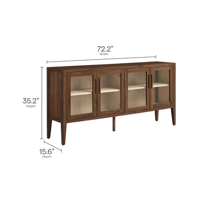 Walnut-ash finish sideboard with four glass-front doors, interior shelves, and tapered legs.