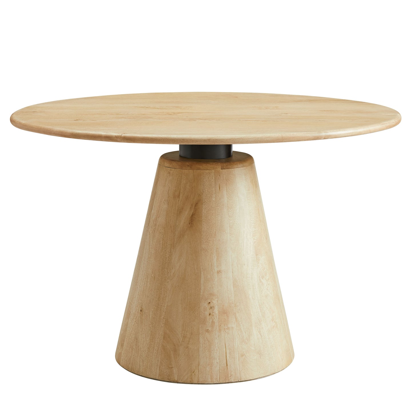 Natural wood 47" round dining table with a conical pedestal base, mid-century style.