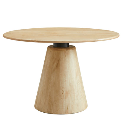Natural wood 47" round dining table with a conical pedestal base, mid-century style.