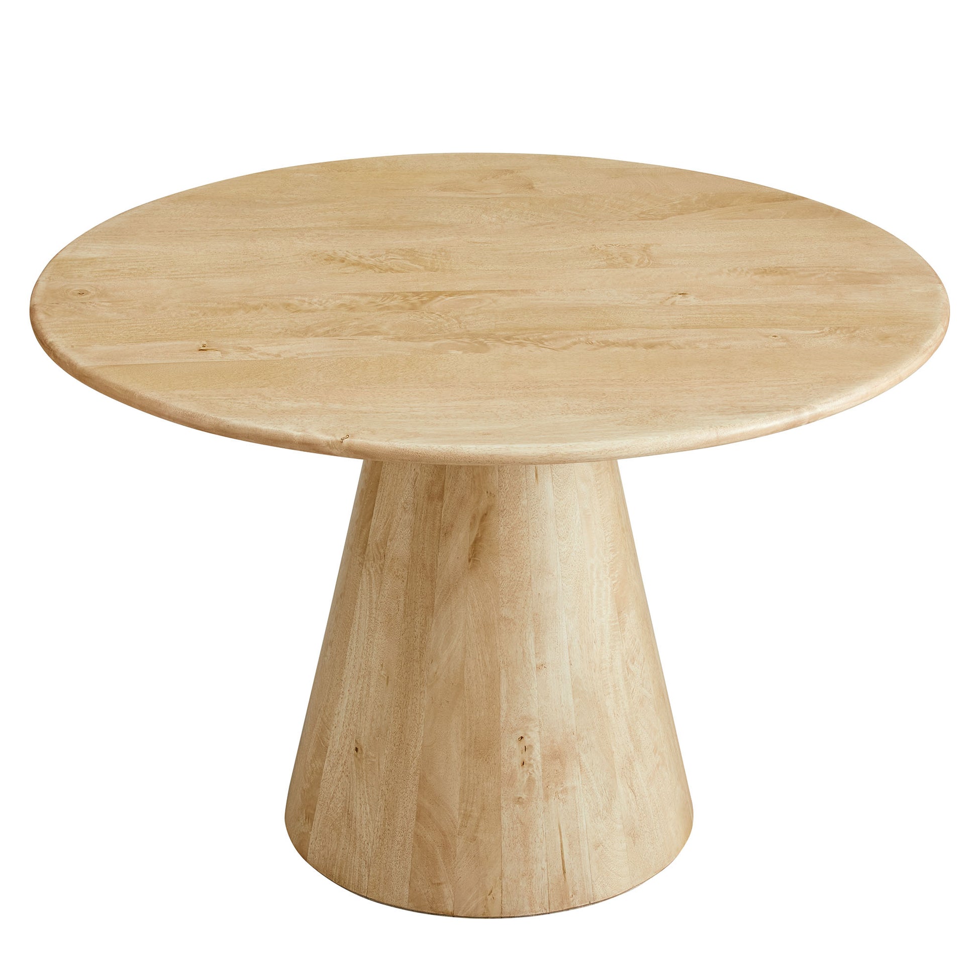 Natural wood round dining table with a conical pedestal base, light finish, mid-century modern style.