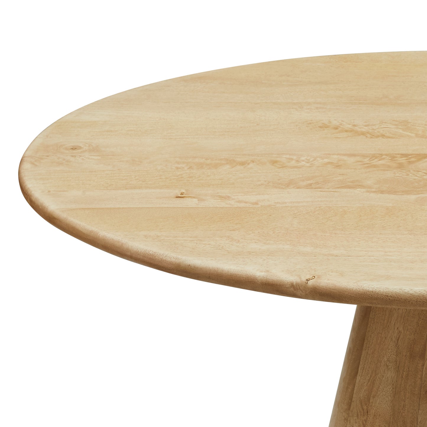 Natural wood round table top with smooth finish, rounded edge, light oak color and pedestal leg.