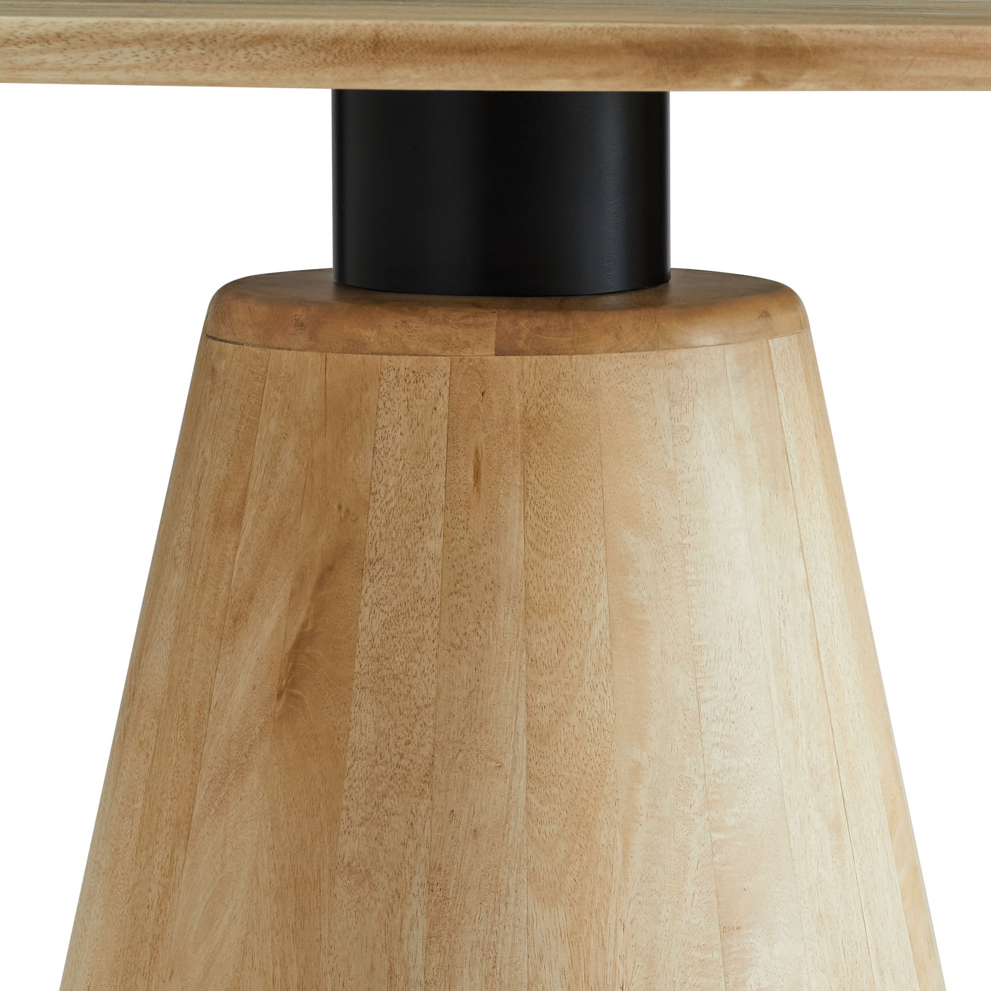 Natural oak pedestal table base with a black metal collar supporting a round light wood tabletop