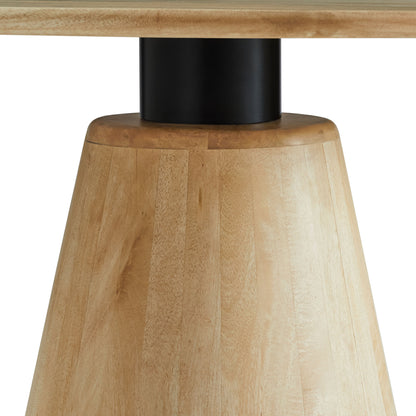 Natural oak pedestal table base with a black metal collar supporting a round light wood tabletop