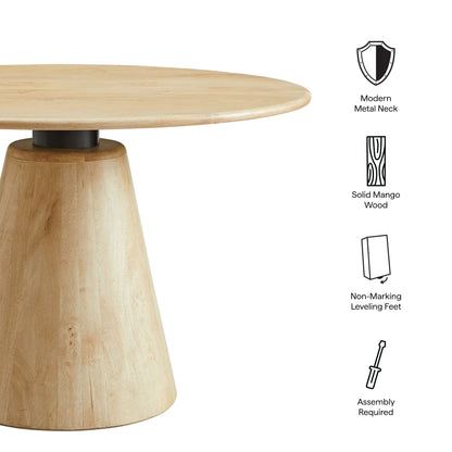 Natural mango wood 47" round dining table with a conical pedestal and metal neck; non-marking leveling feet; assembly required.