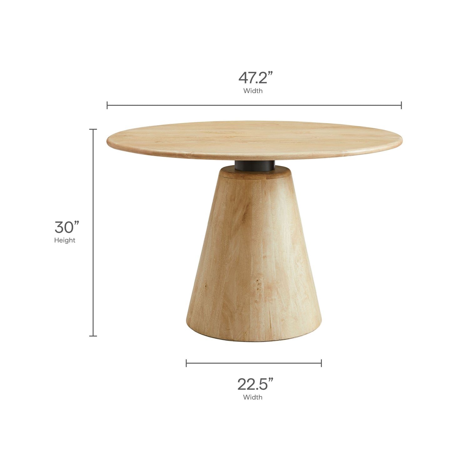 Natural wood round dining table with a conical pedestal base, 47.2 in dia, 30 in high, warm natural finish