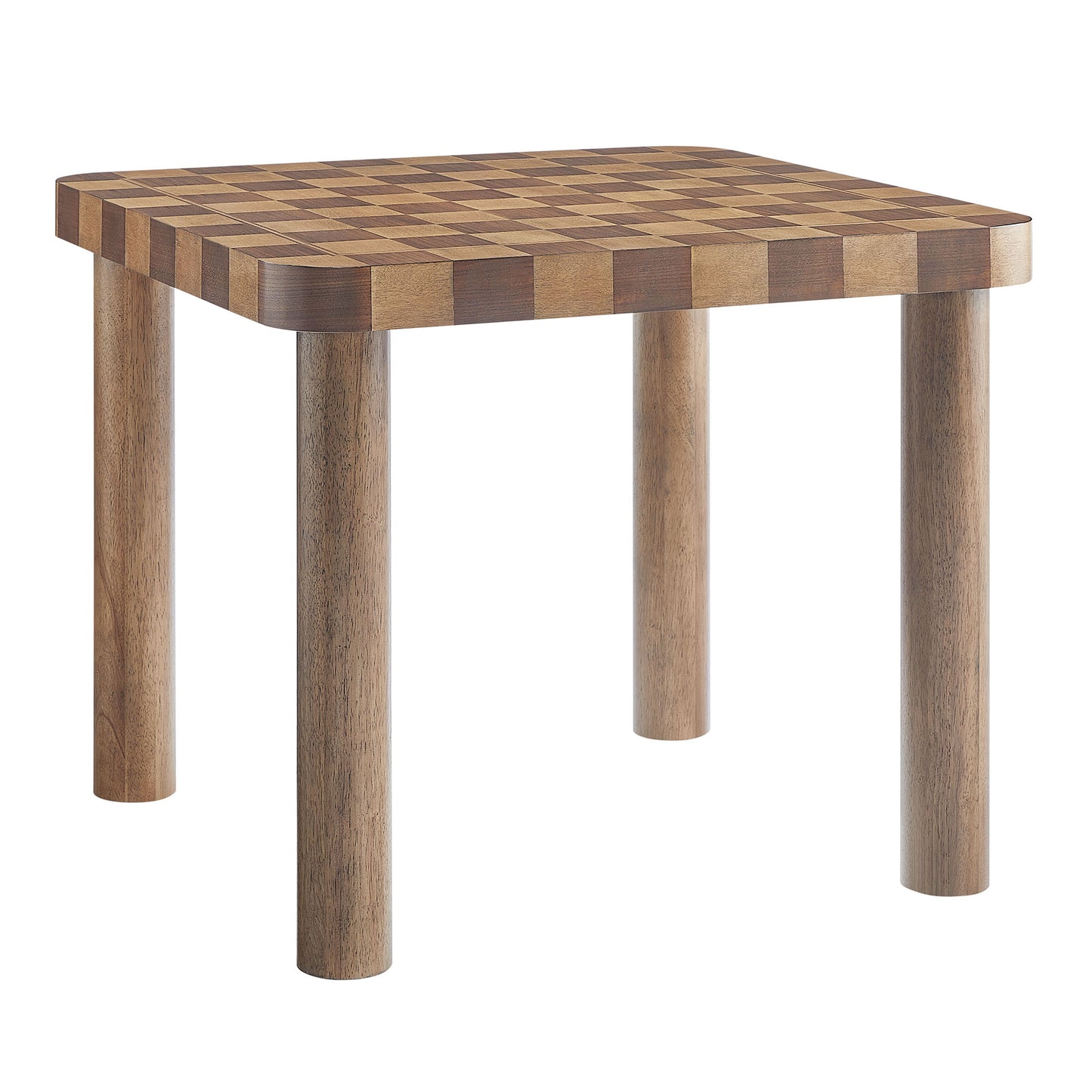36-inch square checkered dining table with walnut and dark walnut finish and four rounded legs