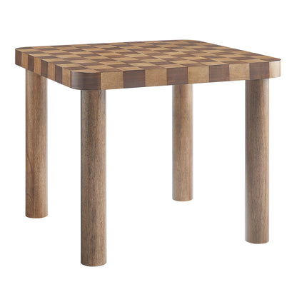 36-inch square checkered dining table with walnut and dark walnut finish and four rounded legs