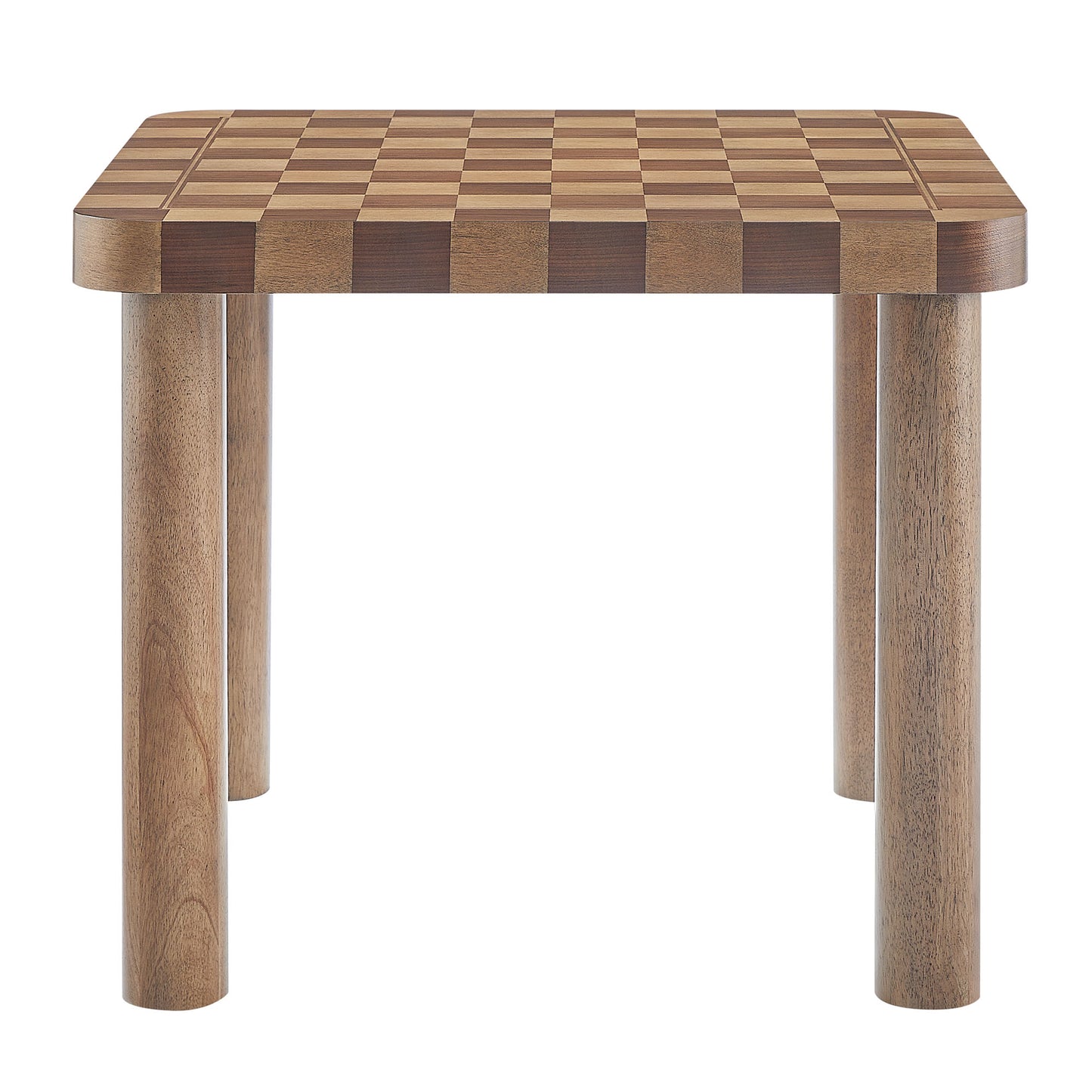 Square checkerboard wood top dining table with four natural wood cylindrical legs, walnut and dark walnut finish, 36 inch square.