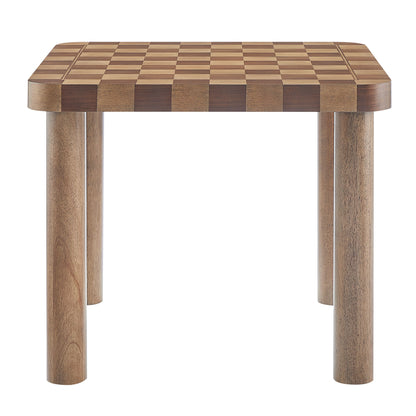 Square checkerboard wood top dining table with four natural wood cylindrical legs, walnut and dark walnut finish, 36 inch square.