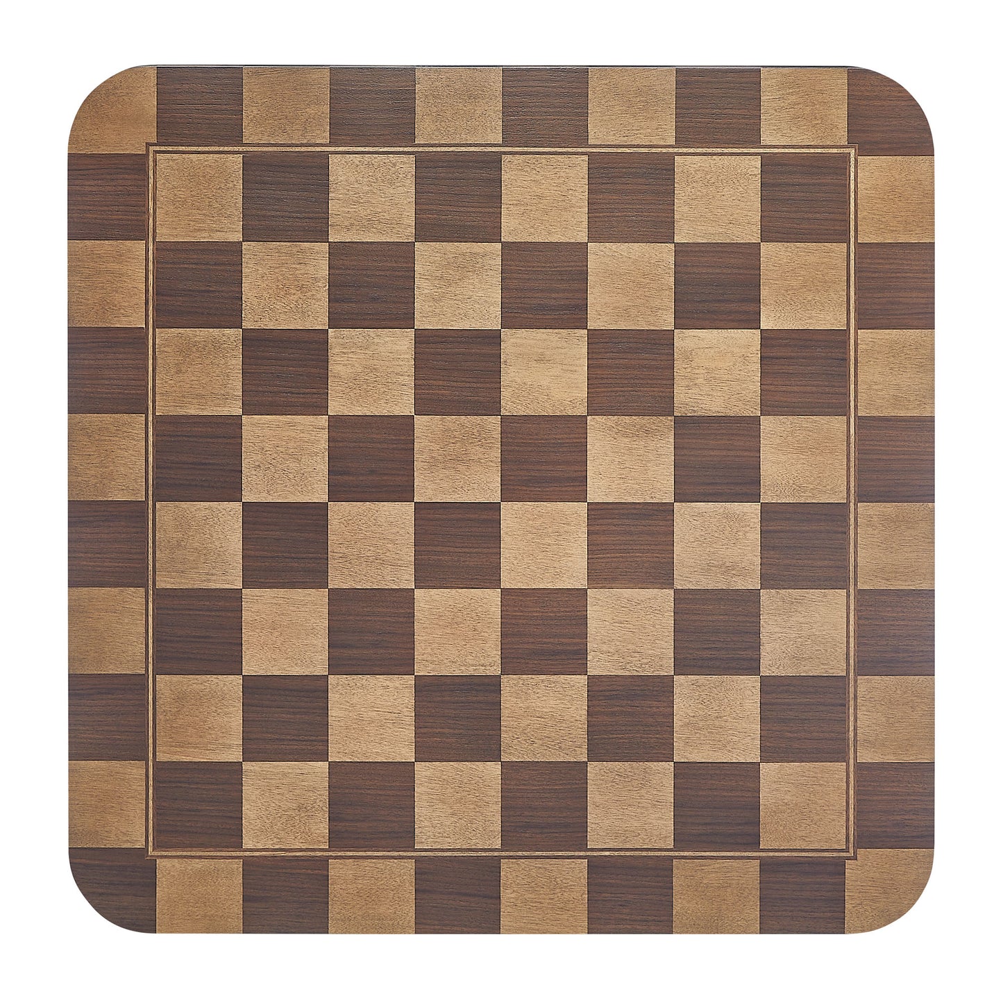 36-inch square wooden dining table with a light and dark walnut checkered top and rounded corners.