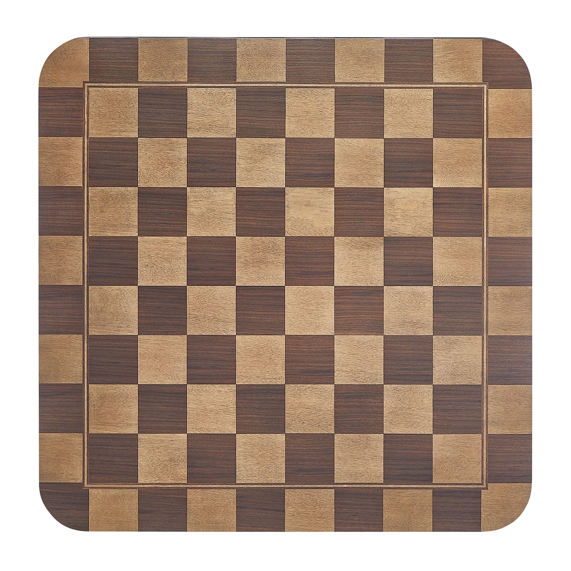 36-inch square wooden dining table with a light and dark walnut checkered top and rounded corners.