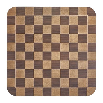 36-inch square wooden dining table with a light and dark walnut checkered top and rounded corners.