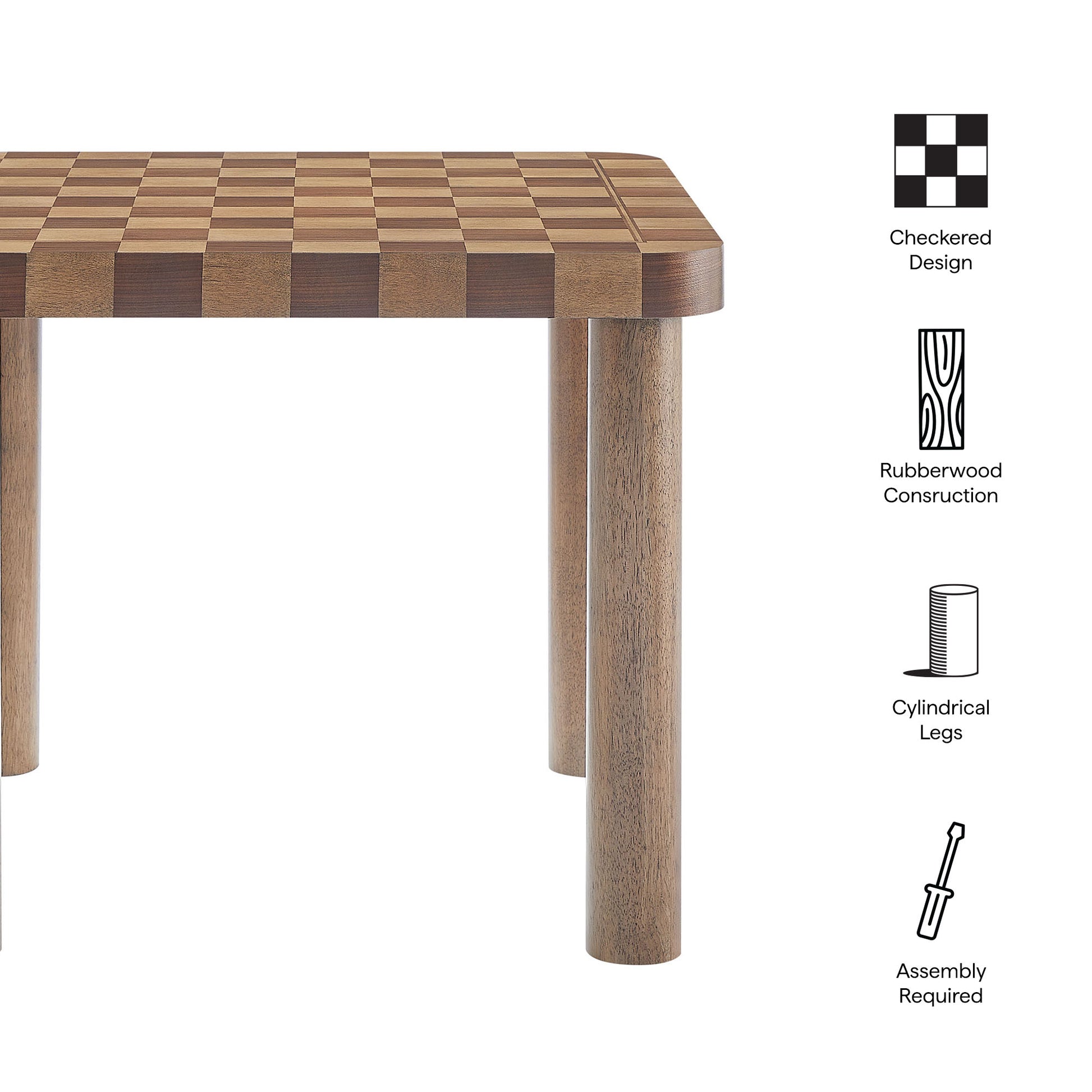 36-inch square checkered dining table with walnut and dark walnut finish; cylindrical legs; assembly required.