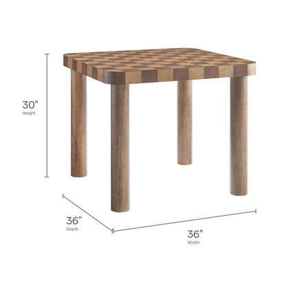 Two-tone checkerboard square dining table with rounded legs, 30" high, 36" wide, 36" deep.