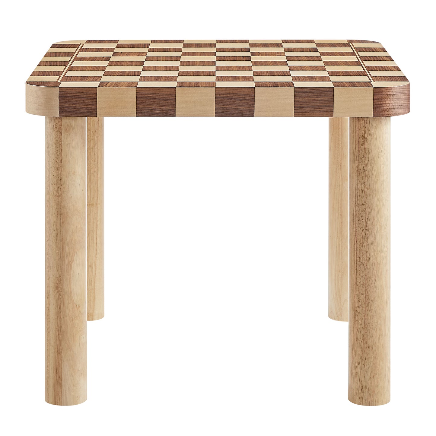 Square checkered dining table in light and dark oak and walnut wood with four legs.