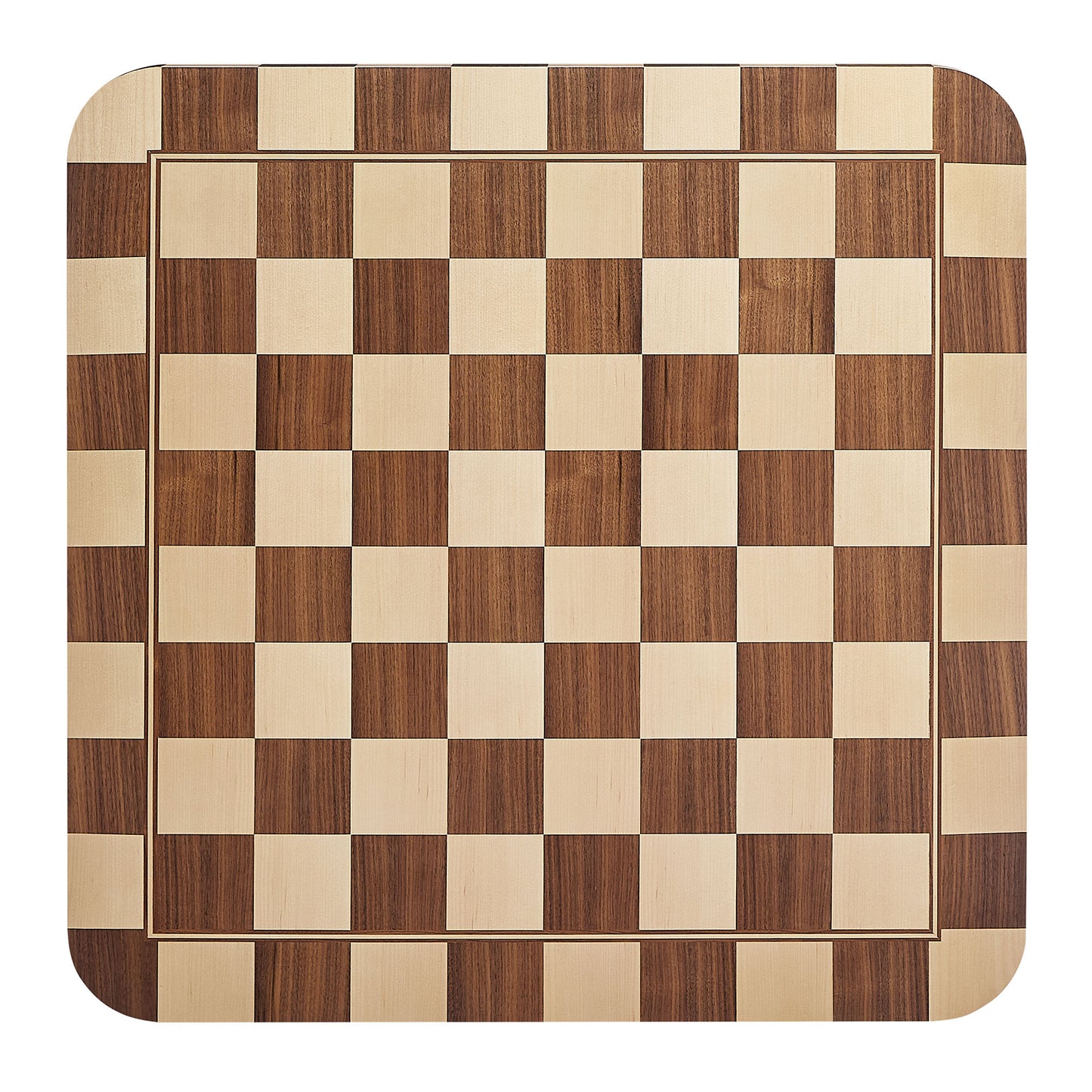 Square dining table with a checkered light and dark oak and walnut top.