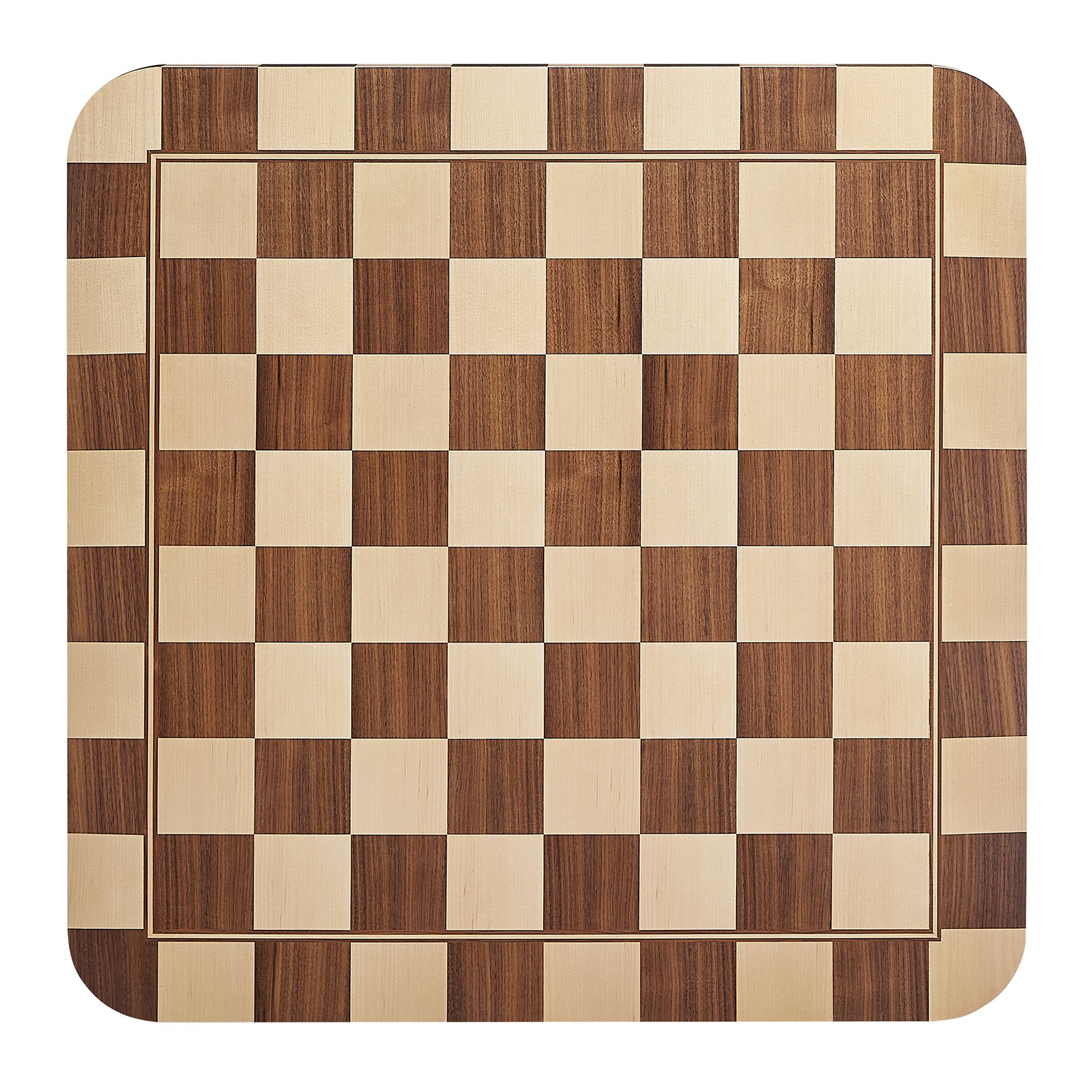 Square dining table with a checkered light and dark oak and walnut top.