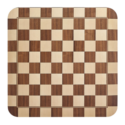 Square dining table with a checkered light and dark oak and walnut top.