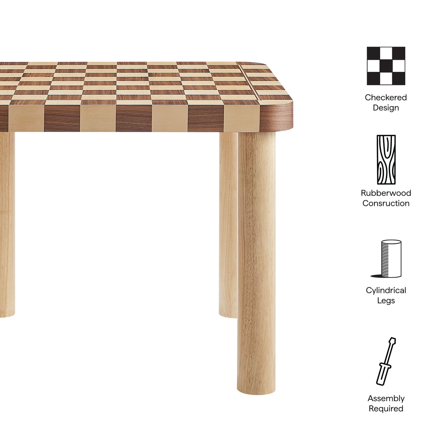 36 inch square checkered dining table with wood top and cylindrical wood legs; modern table, assembly required.